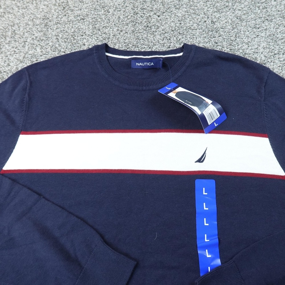 NEW Nautica Sweater Mens L Blue White Stripe Knit Pullover Crewneck Sailing Logo
